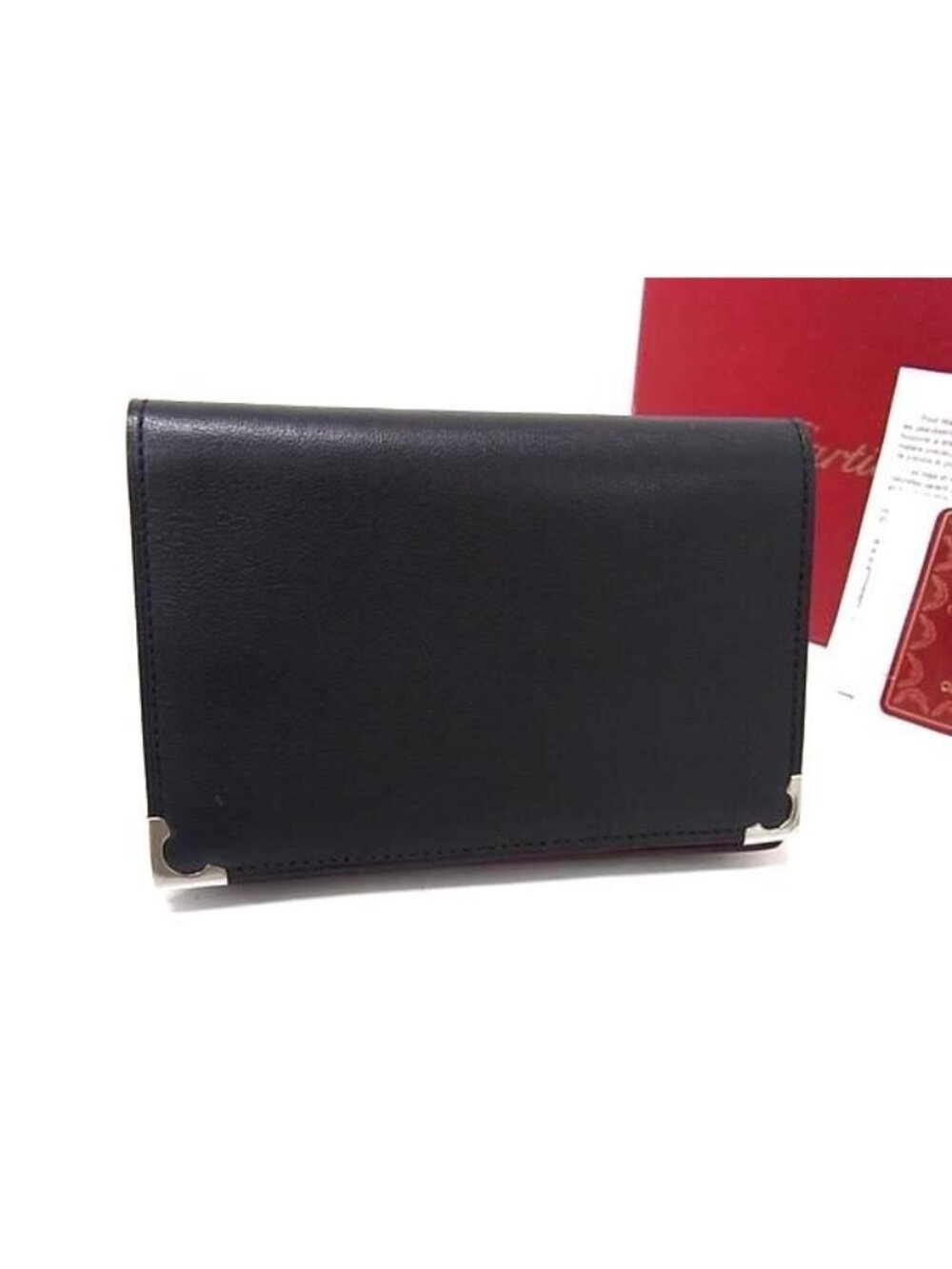 Cartier Cabochon Leather Card Case Business Black
